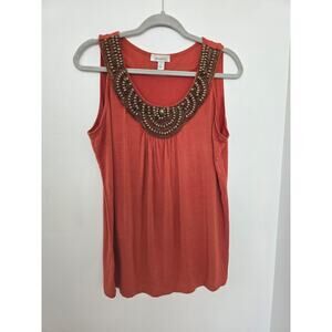 Dressbarn L Beaded Boho Scoop-Neck Tank Top Rust Embellished Y2K Festival Beaded